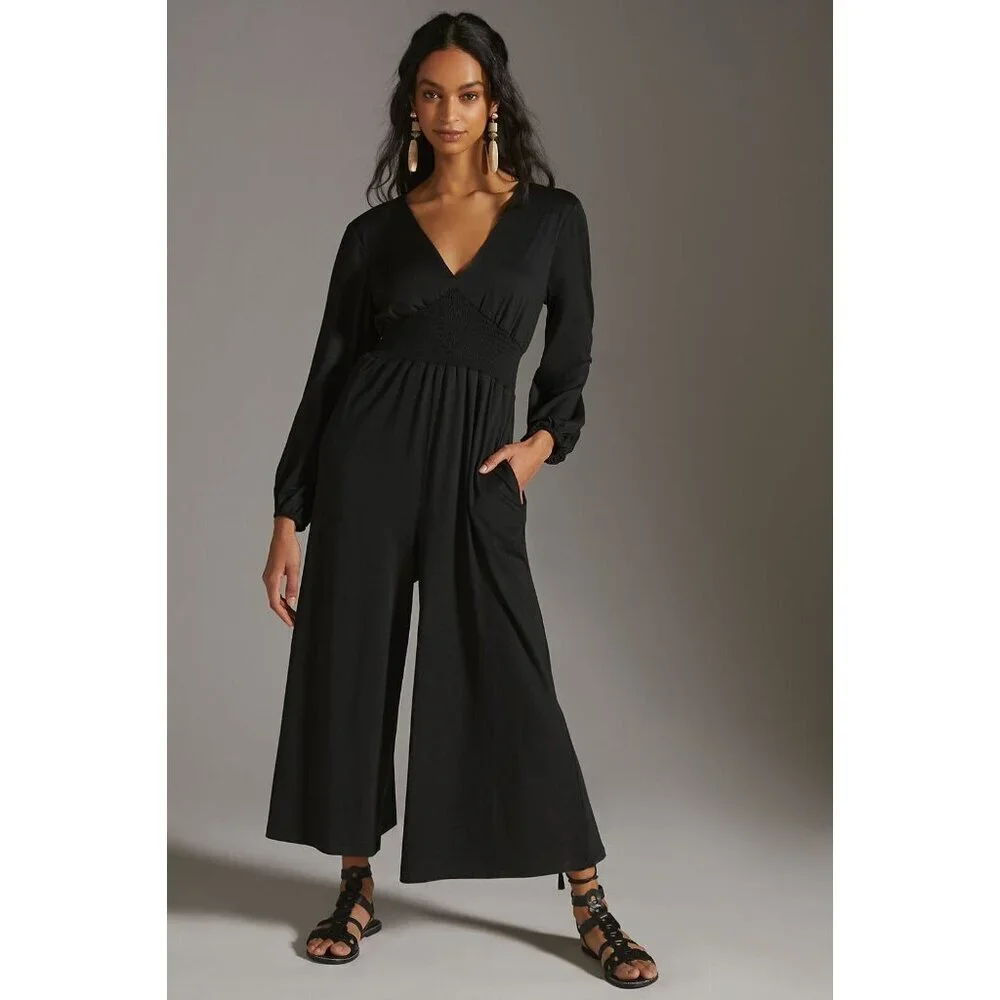 NWT Anthropologie Hutch Jumpsuit Wide-Leg V-Neck XL $170 Black Pockets One Piece